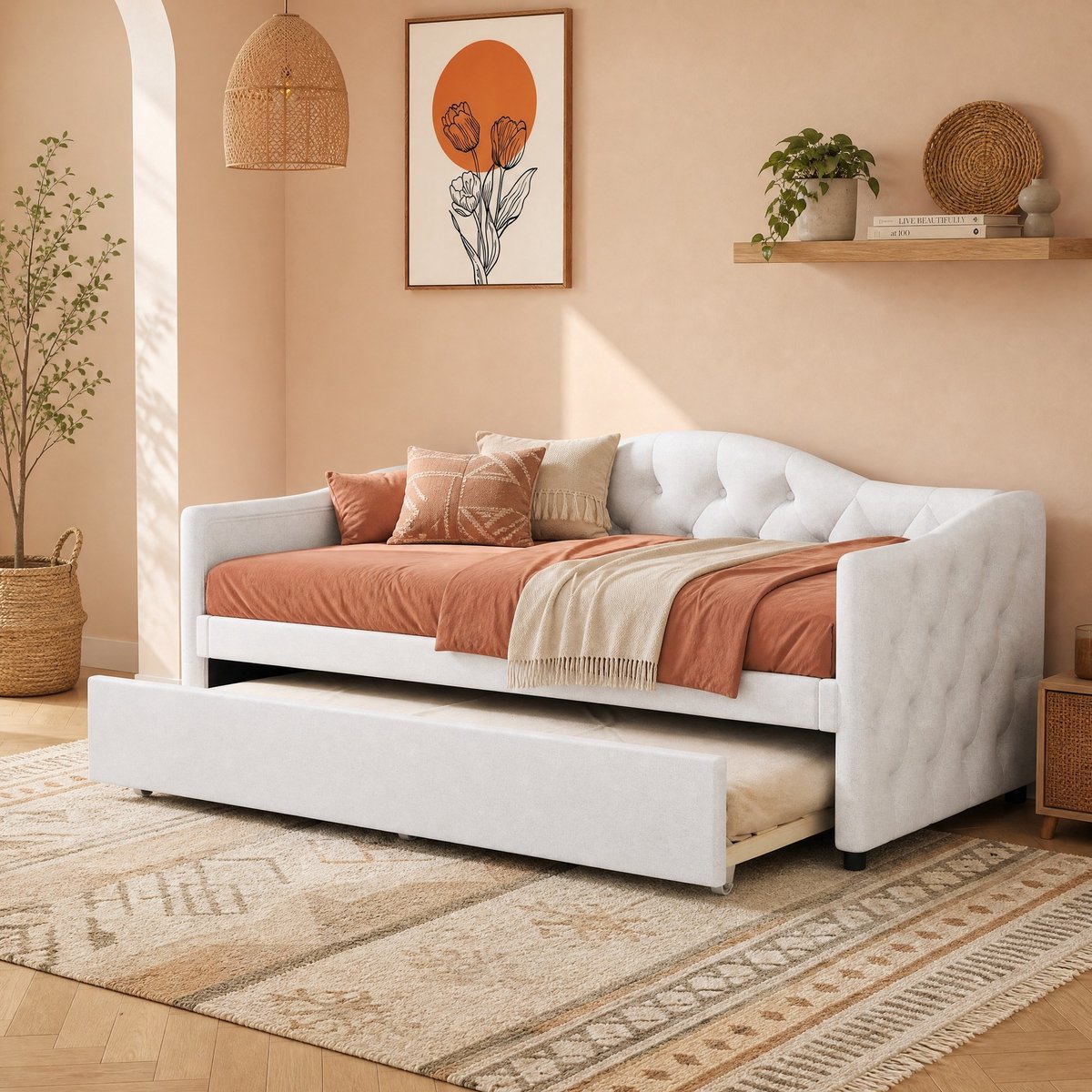 WUVRIE Slaapbank 90x200 cm met uitschuifbaar bed en lattenbodem, beige