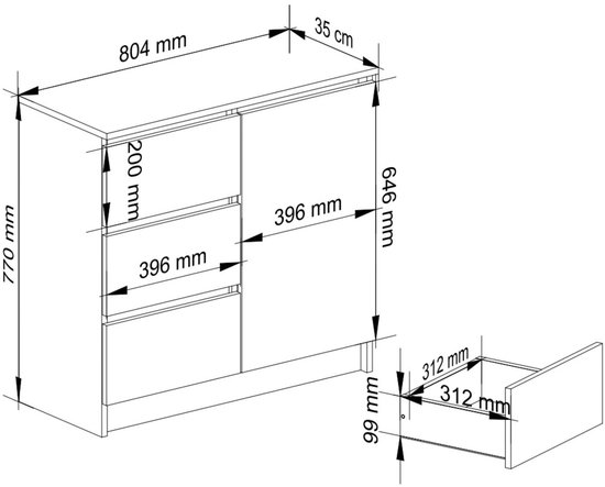 Technische tekening van een licht beige dressoir met afmetingen.