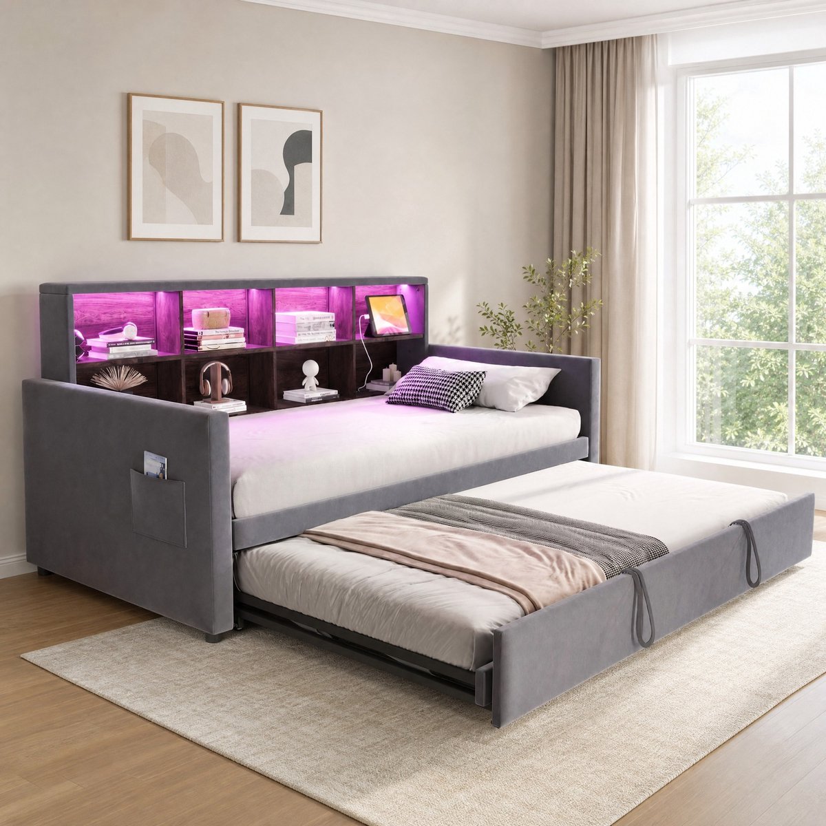 WUVRIE Slaapbank 90x190 cm met uitschuifbaar bed, LED, laadpunten en opbergvakken, grijs