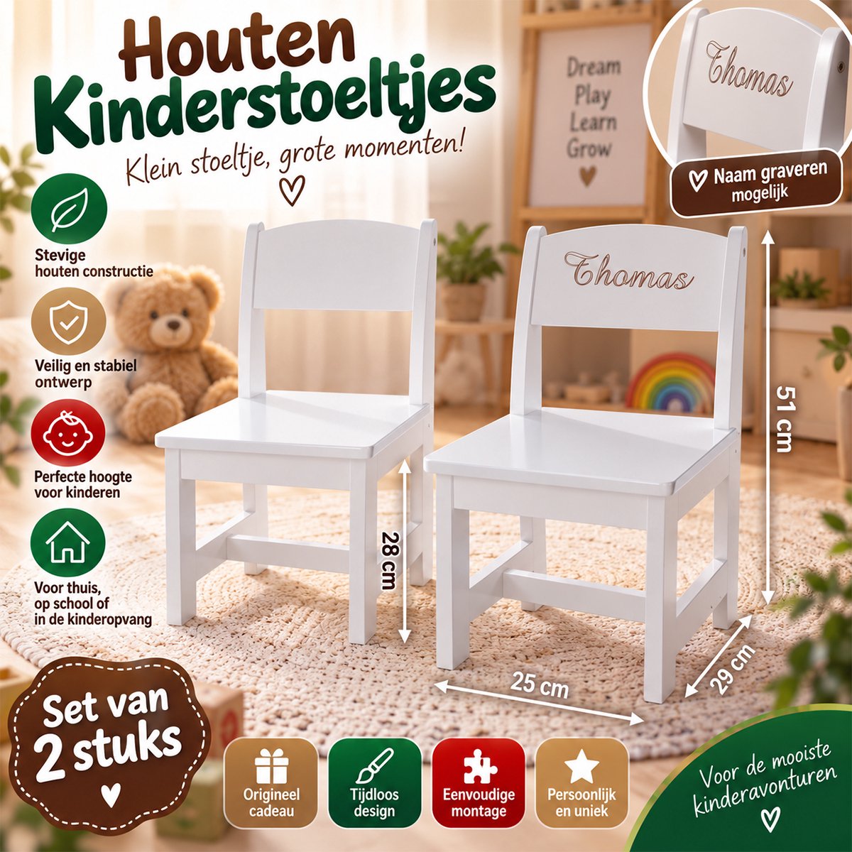 2x Houten Kinderstoeltje Wit – 25 x 29 x 51 cm – Kinderstoel met Rugleuning – Personaliseerbaar met Naam – Voor Kinderkamer, Speelhoek & Kinderopvang