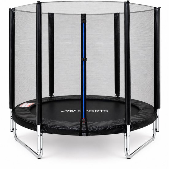 Zwarte AJ-Sports trampoline met een diameter van 145cm, inclusief blauwe paalafdekking en veiligheidsnet.
