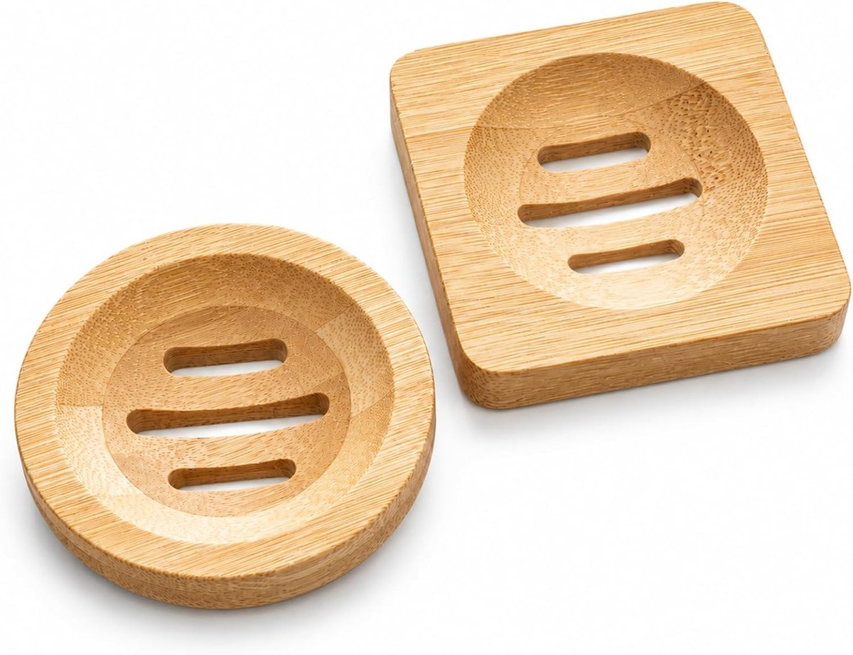 Zeepbakjes van hout - 2 stuks - vierkant en rond - met afvoer voor optimale hygiëne - ShopVlot