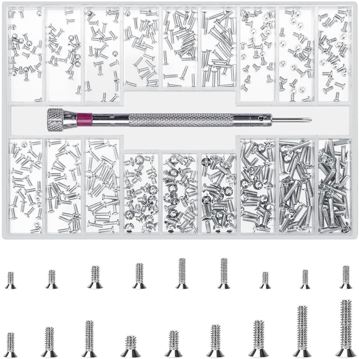 Set van 500 kleine schroeven voor brillen, horloges en andere reparaties - M1.2/M1.4/M2 micro schroeven, verzonken schroeven en platte kop schroeven