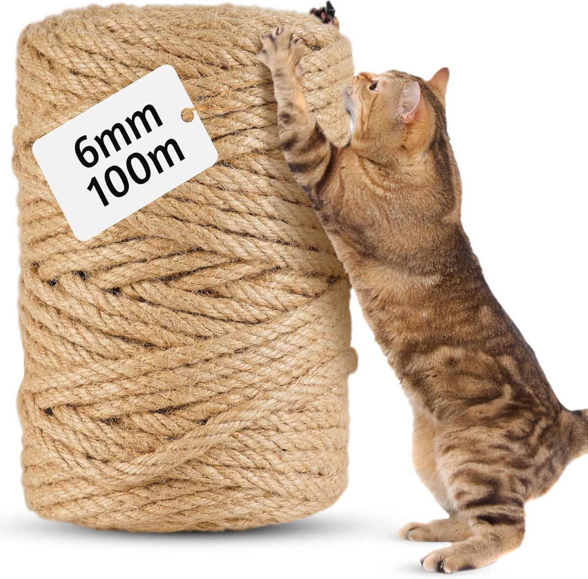 Natuurlijke Sisal Touw voor Krabpaal, 100 m x 6 mm, Duurzaam Katten Touw, DIY Decoratie, Vervangingskoord, Tuinaccessoire
