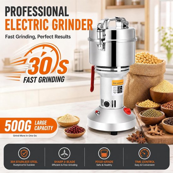Krachtige elektrische graanmaler van roestvrij staal, 500 g, geschikt voor koffie, specerijen en kruiden, hoge snelheid en efficiëntie in de keuken — afbeelding 3