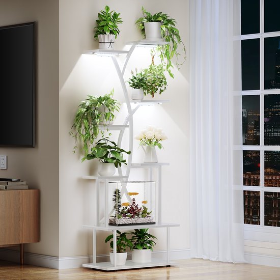 Plantenrek met 8 Niveaus en Verlichting - Plantentrap - 163 cm Hoog - Industrieel Design - Metaal & Hout - Woonkamer & Balkon - Wit