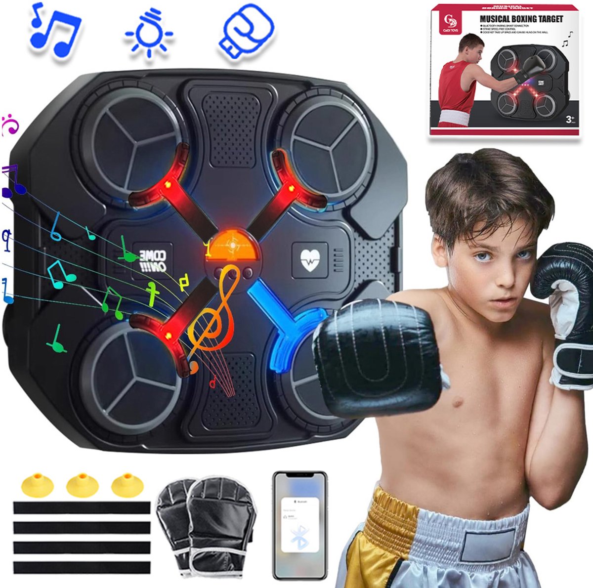 Smart Muziek Boksmachine voor Wandmontage - Bokstrainer met Bluetooth Muziek 3 Snelheidsstanden LED Feedback - Interactief Fitness Apparaat voor Kinderen en Volwassenen - Zwart