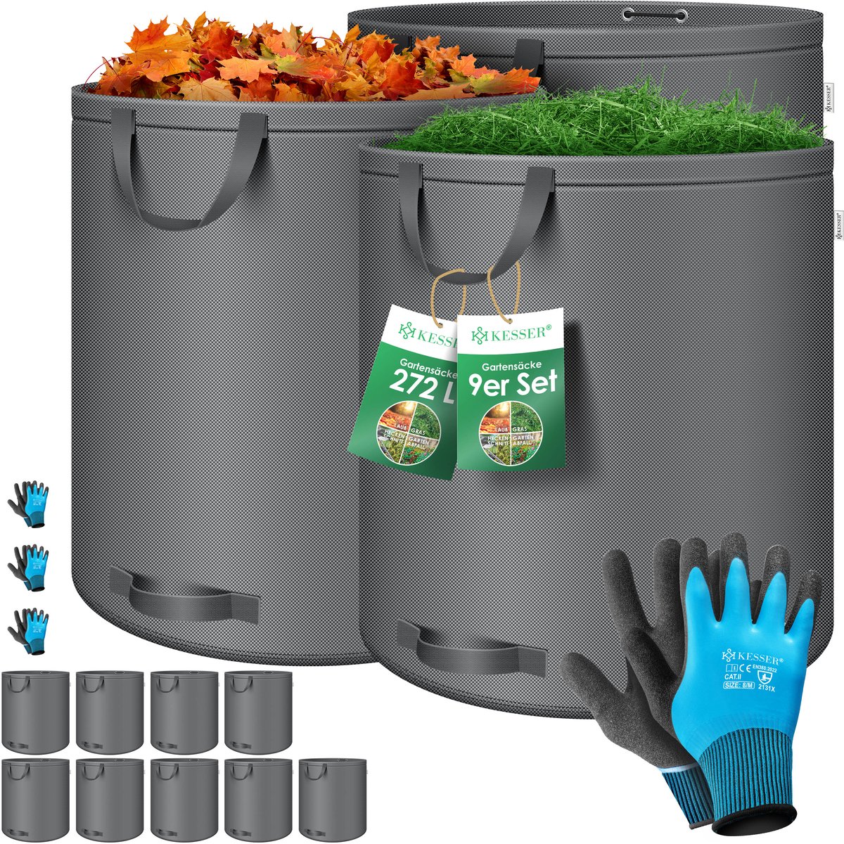 KESSER® Tuinzak set 9x 272 L - Zelfstaand met 4 handvatten - Opvouwbaar, met handschoenen - Antraciet