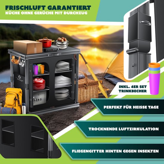 KESSER® Campingkeuken opvouwbaar - Aluminium frame met 6 vakken en vliegengaas - 84x80 cm - Zwart van KESSER — afbeelding 4