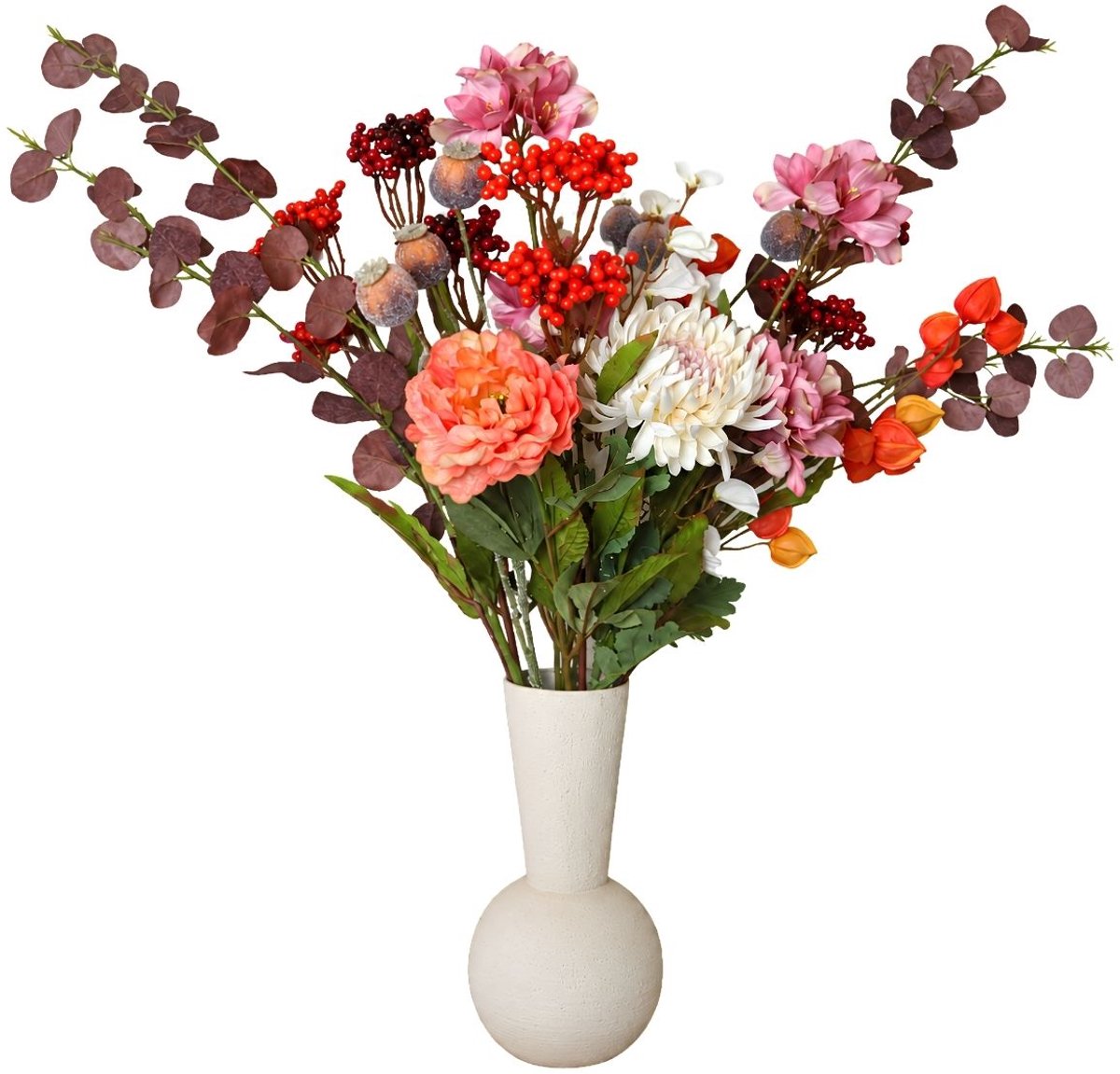 Mica Decorations Fedde Boeket Roze met 18 Stelen - Kunstboeket met Bloemen, Bladeren en Takken - Kunstbloemen Roze, Crème en Oranje - Polyester Boeket voor Vaas of Dressoir - L80 x Ø30 cm Meerkleurig
