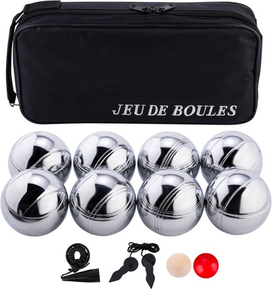 Zwarte tas met opschrift 'JEU DE BOULES', met 8 zilverkleurige jeu de boules ballen en accessoires.