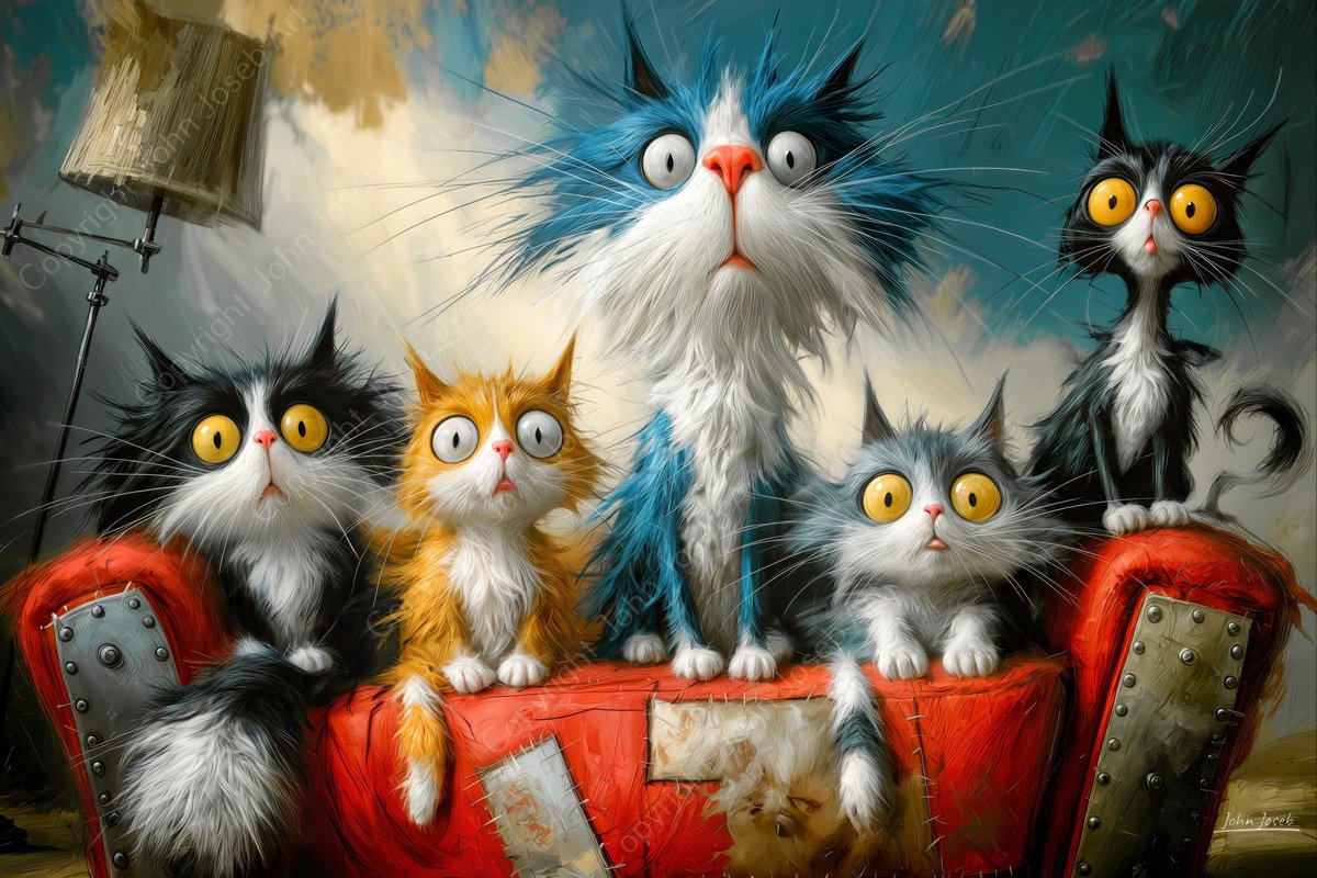 John Joseb Art (Canvas) 60x40 | Gekke grappige poezen op de bank met bolle ogen, humor, abstract, kunst, dier, poes, wit, rood, bruin, blauw, modern | Foto-Schilderij canvas print (wanddecoratie) Canvas, dikte 2 cm