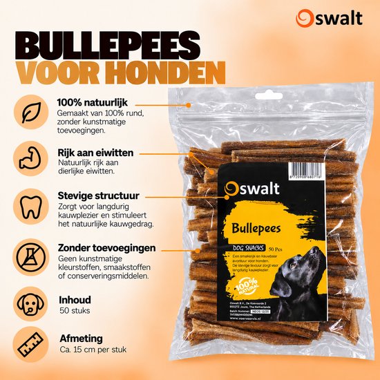 Oswalt Bullepees voor honden, 50 stuks. Plastic verpakking met label met afbeelding van een zwarte hond, informatie over 100% natuurlijk, rijk aan eiwitten, stevige structuur, zonder toevoegingen, 50 stuks, ca. 15 cm per stuk.