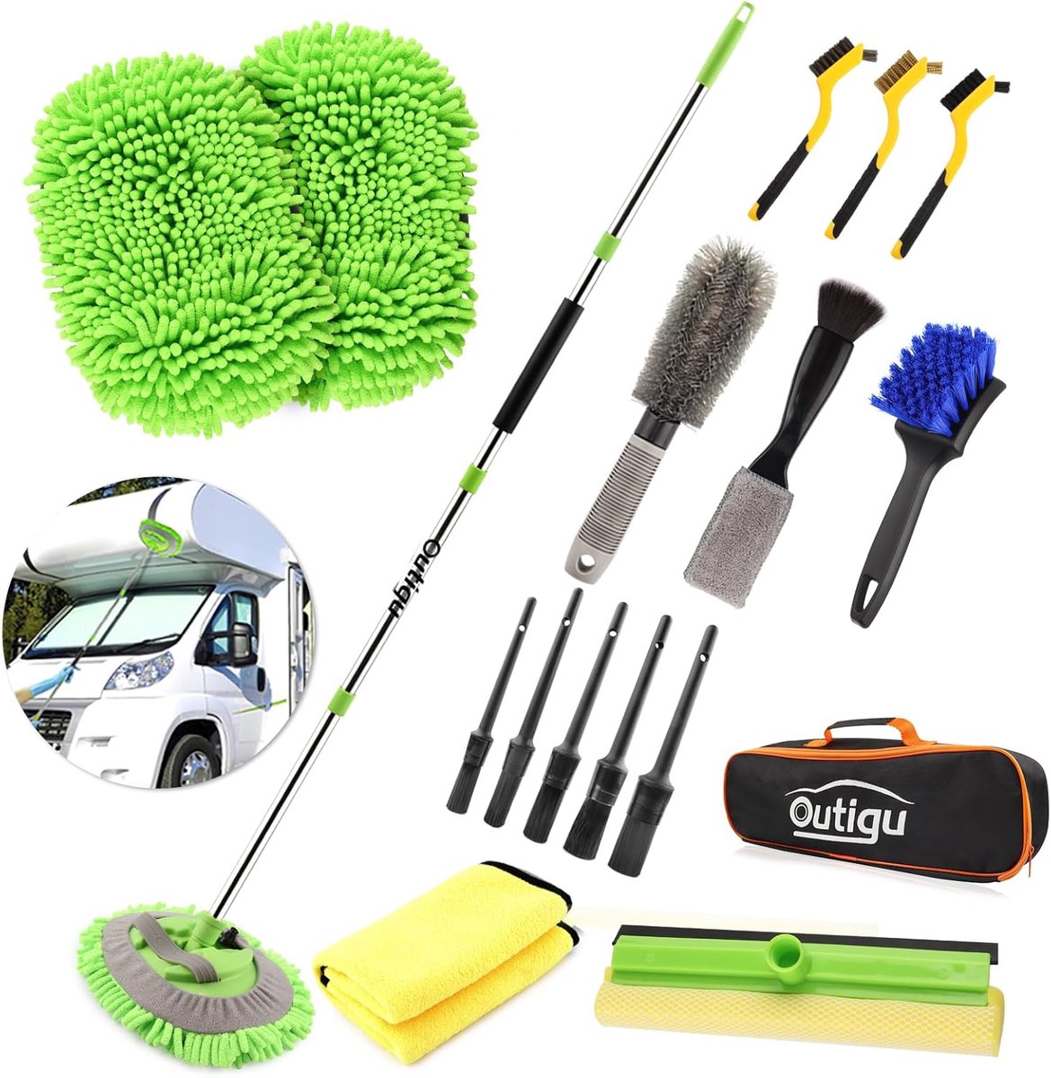 SnelShoppen - Complete Auto Reinigingsset - 17-delige Car Cleaning Kit met 157cm Verstelbare Langere Handgreep, Microvezel Wash Mitt, Ruitenwisser, Ve