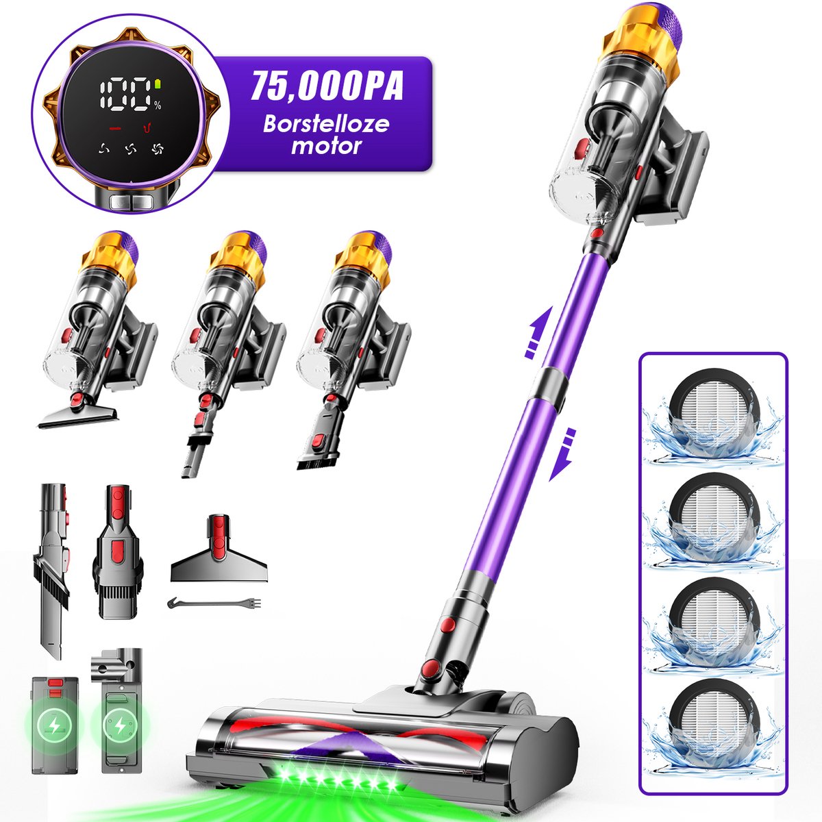 Hiaonyx steelstofzuiger - 9-in-1 steelstofzuiger draadloos - 75000pa - Met dierenborstel - LED Groene Stofdetectielamp - Geschikt voor Tapijten - Harde Vloeren en Dierenharen - 2-liter stofopvangbox - Paars