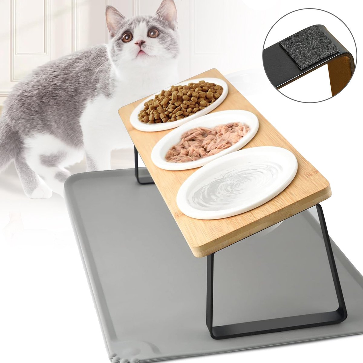 Verhoogde Voerbakken Voor Katten - Voer- En Waterbakken - 3-In-1 Kattenbakje Met Standaard - Met Waterdichte Mat