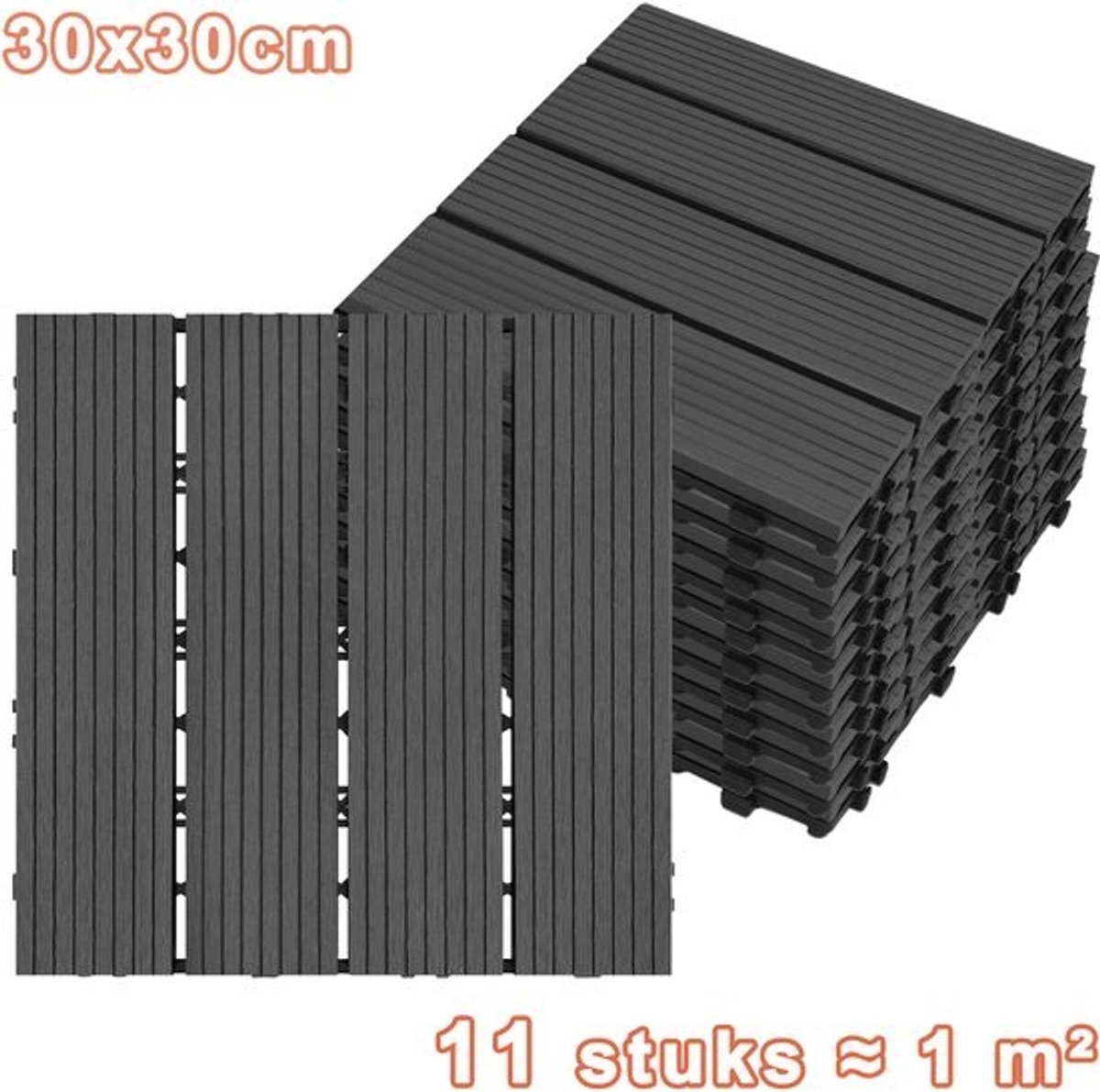 WPC-kliktegels - Terrastegels - Houtlook - Voor tuin, balkon en terras - Waterdicht - Vochtbestendig - 11 stuks - 1 m² - Antraciet