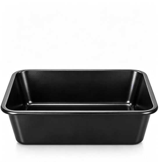 Moule à pain ou à gâteau noir et rectangulaire, vu de face.
