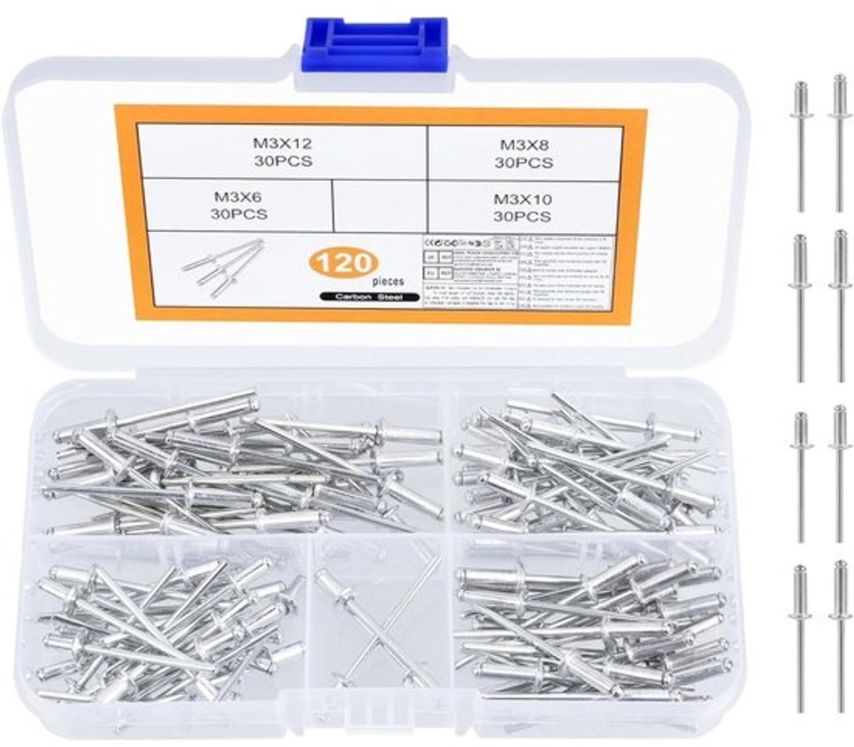 Aluminium blindklinknagels - Set popnagels - Voor metaalbevestiging - Corrosiebestendig materiaal - M3-assortiment - Zilver