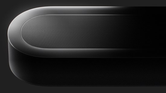 Zwarte Sonos soundbar met afgeronde zijkanten en een geperforeerd rooster.