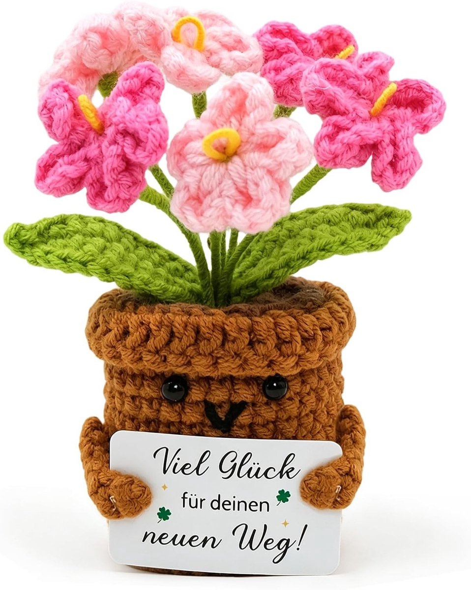 Gebreide potplant als geluksbrenger voor nieuwe baan en verhuizing, perfect cadeau voor vrouwen en collega's, sfeervolle bureaudecoratie voor ontspanning en geluk