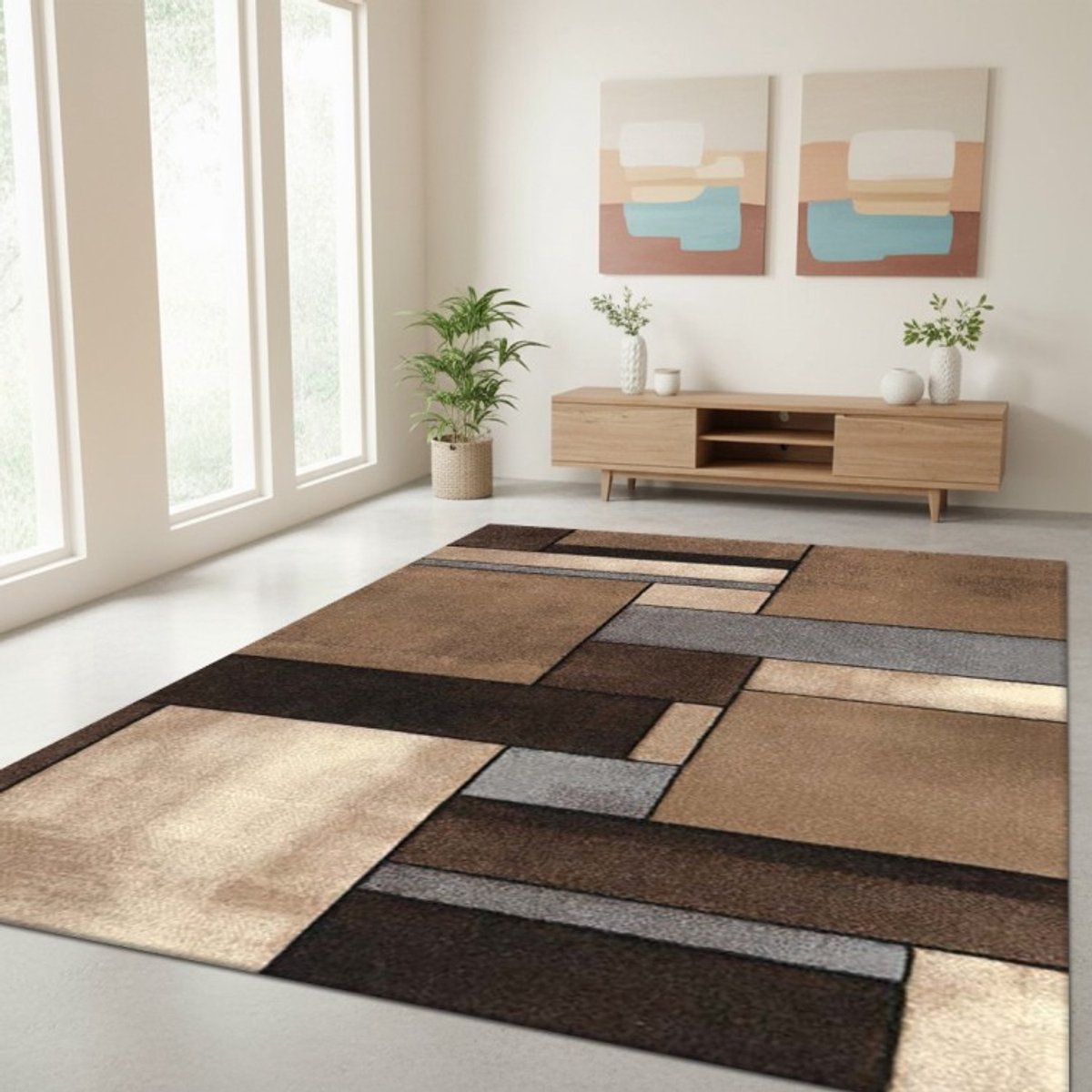 TapisTrend Designer tapijt Beige 160x230 cm Abstract geometrisch vloerkleed met een modern rechthoekig blokpatroon