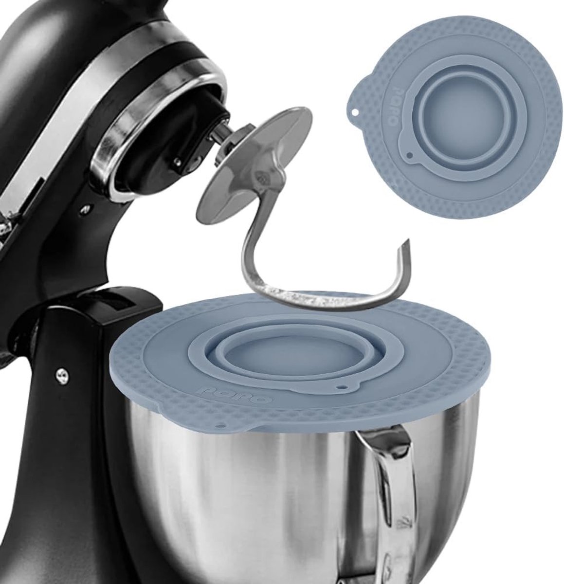 Siliconen deksel voor mengkom, geschikt voor 4.5-5 quart standmixers, luchtdicht en voedselveilig, met opvouwbare kleine kom (grijs)