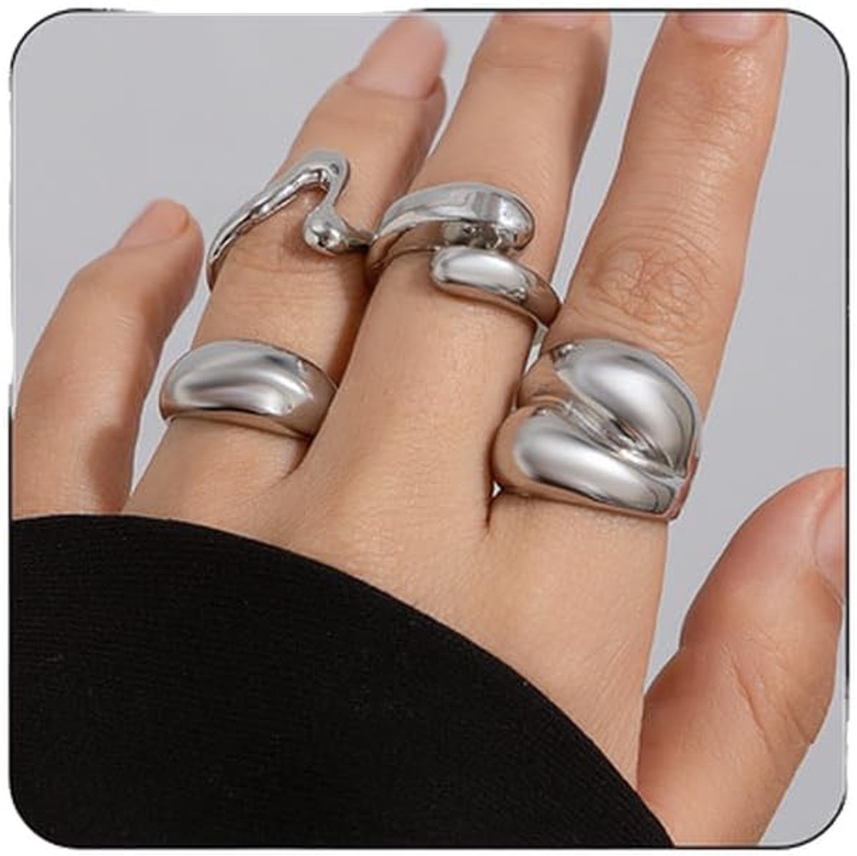 5 Piece Chunky Silver Ring Set for Women, Vintage Rings, Silver Jewelry Fine Hollow Engraving Joint Finger Stackable - ShopVlot