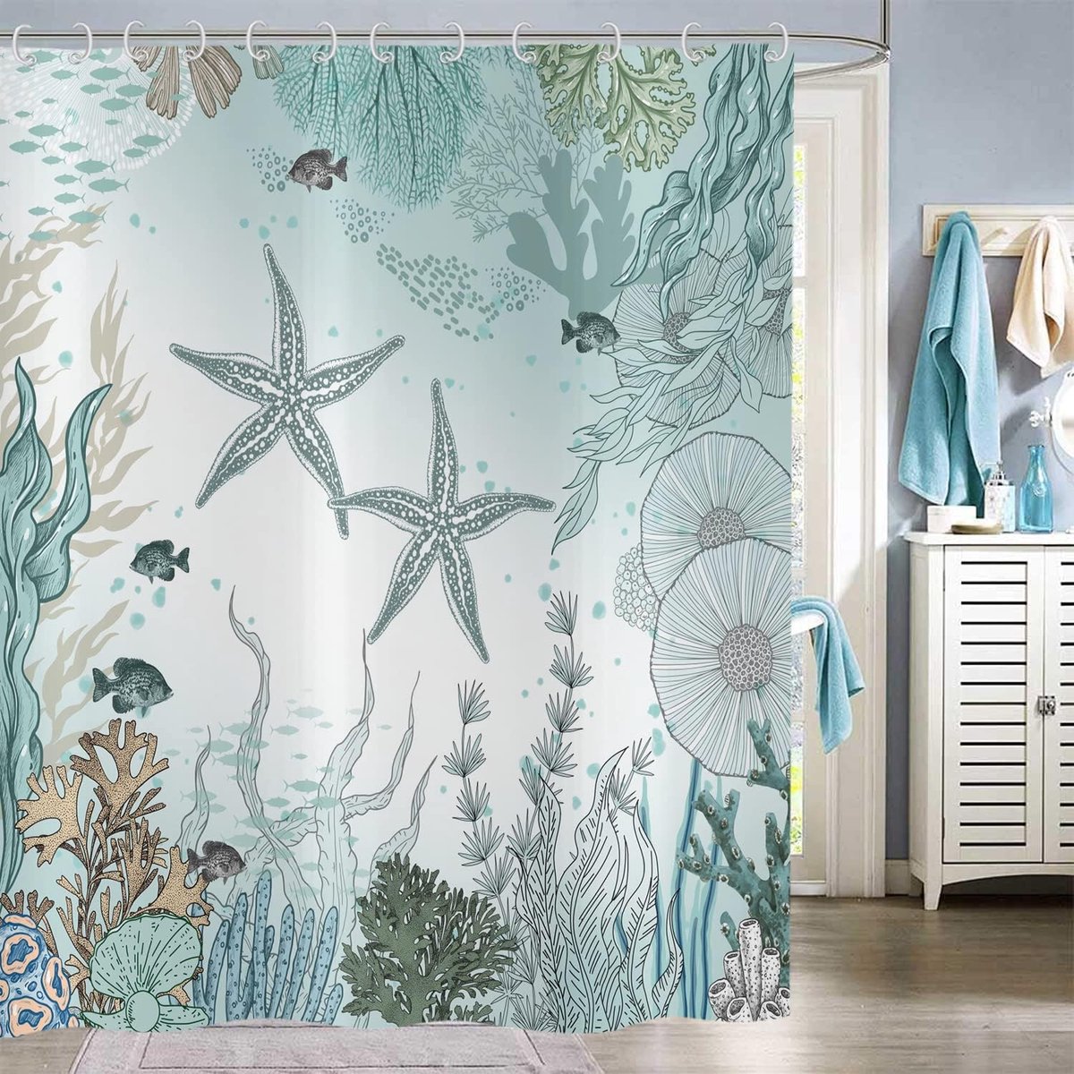 Starfish Shower Curtain 180x200,Nautical Coast Tropical Fish Coral Teal Ocean Theme Underwater Marine Life Bathroom - ShopVlot