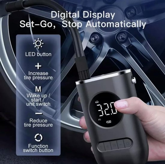 Elektrische fietspomp - Draadloze Elektrische Luchtpomp - Draagbare Elektrische Bandenpomp met Alle Ventielen - Ledlampje - Tot wel 10.3 bar - USB oplaadbaar - Fietsbandpomp voor Auto/Fiets/Motor/Bal — afbeelding 4