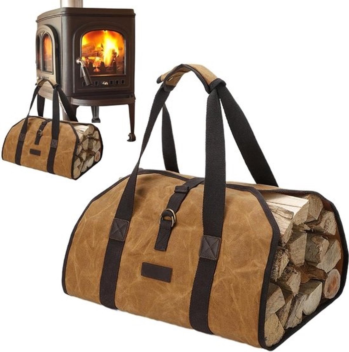 Brandhoutdrager van canvas - Houttas en opbergtas - Voor het vervoeren van haardhout - Zijopening met grote capaciteit - 97 x 45 x 1 cm - Geel