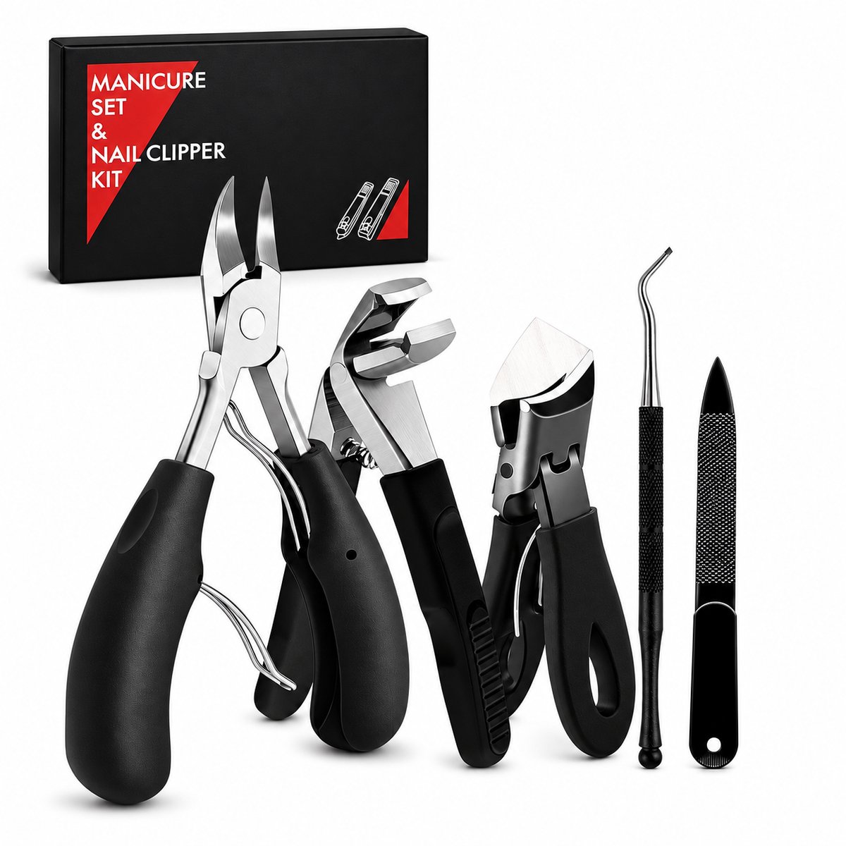 Professionele Ergonomische Nagelknipper Set-Nagelknipper Set- Nageltang-Teennagelknipper-5-Delige Pedicure Tool Set-Nagelknipper Set voor Dikke en Ingegroeide Teennagels- Roestvrij Staal-Precisie Nageltang, Vijltje & Reinigers