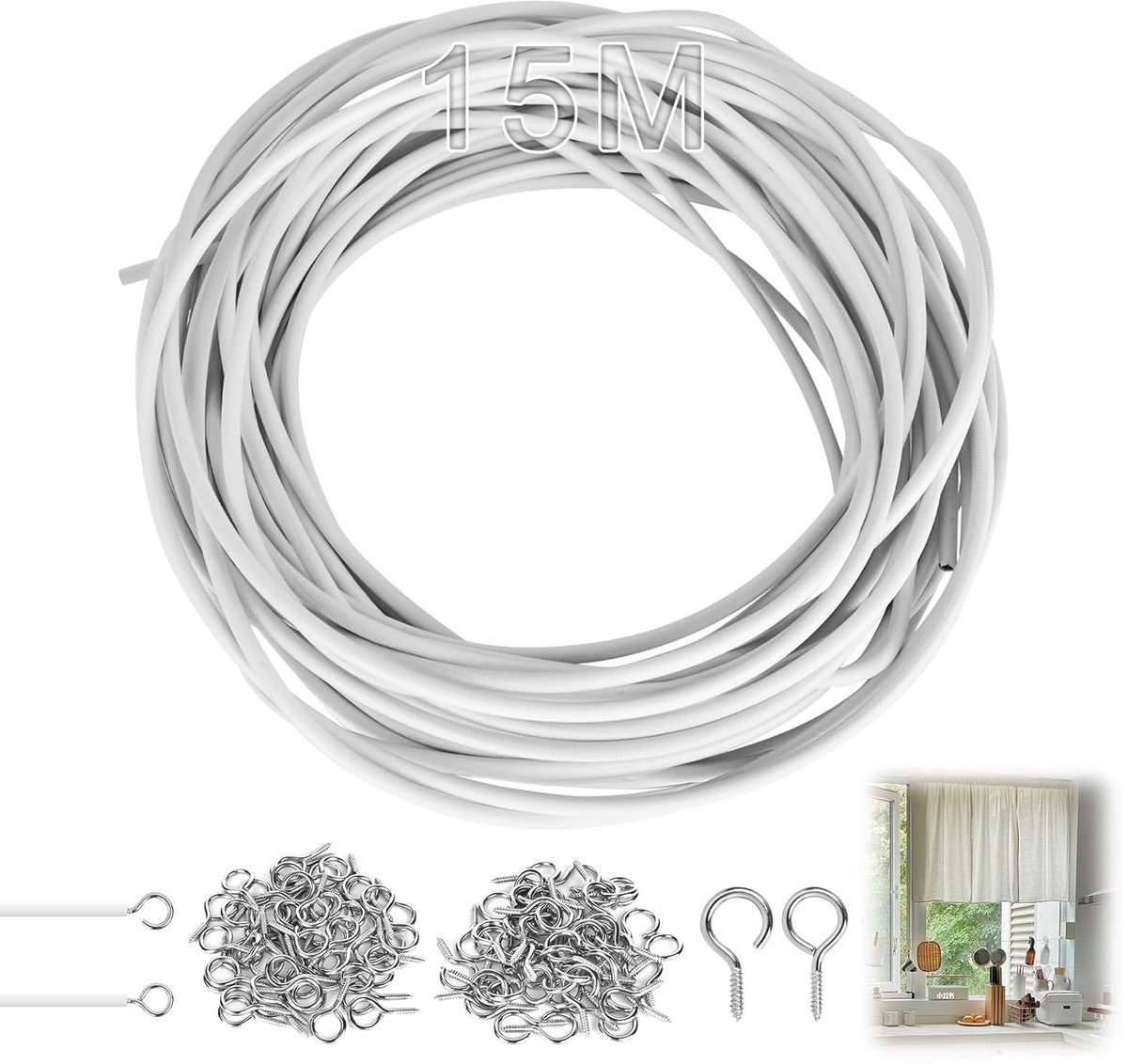 15 meter gordijnkoord met 50 paar haken en schroefogen voor netgordijnen en douchegordijnen, ideaal voor DIY projecten en kabelspanning systemen