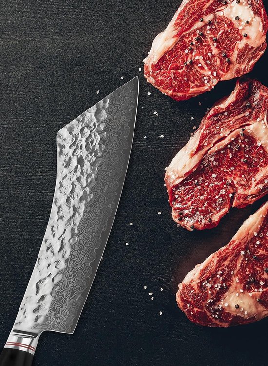 Professioneel BBQ-mes van 229mm met Japanse Damascus staal en lederen handvat - Perfect voor de keuken en grillen — afbeelding 5