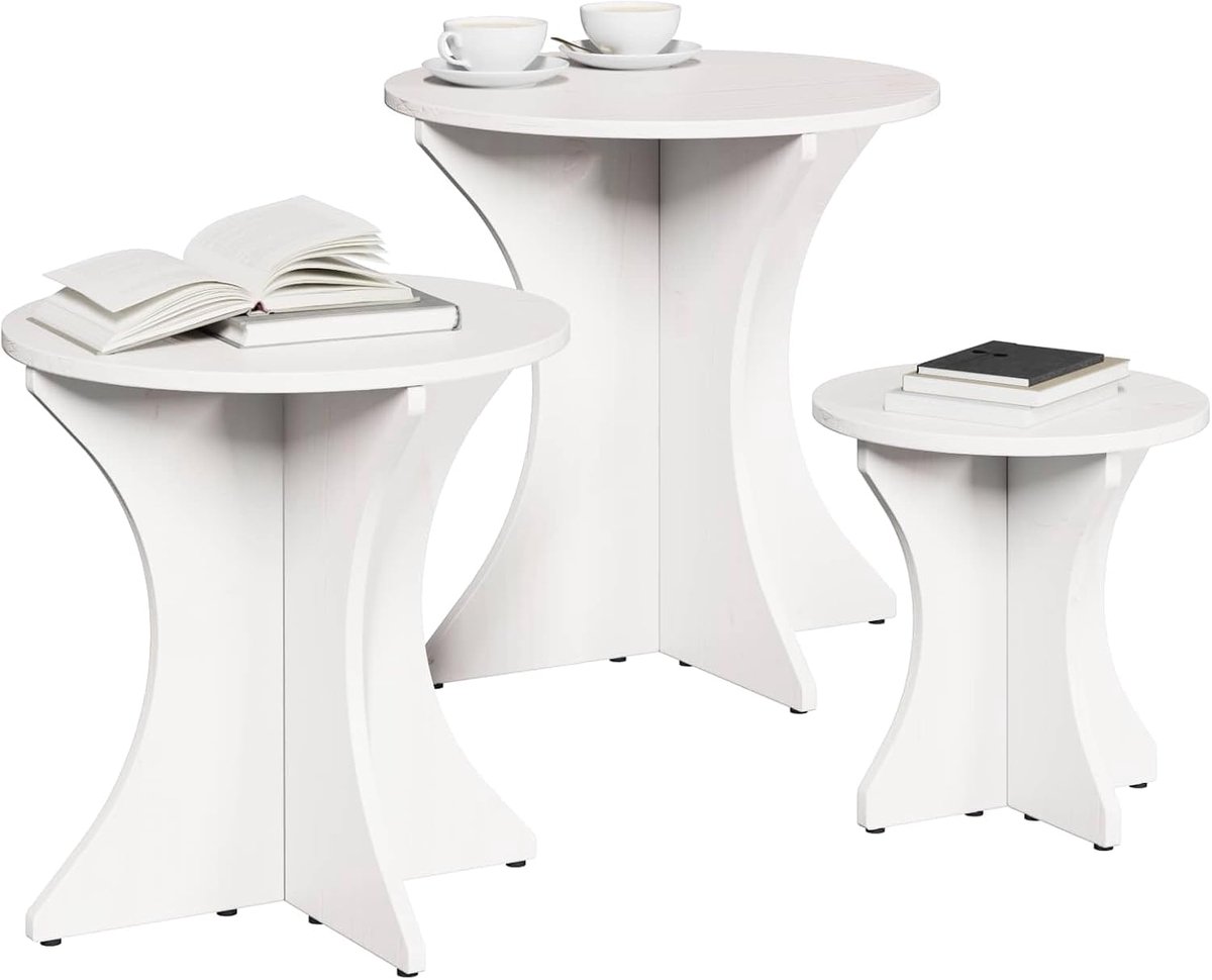 Ronde salontafelset, 3-delig, wit, van massief grenenhout, set van 3 bijzettafels in verschillende maten, onderhoudsvriendelijk oppervlak, voor woonkamer