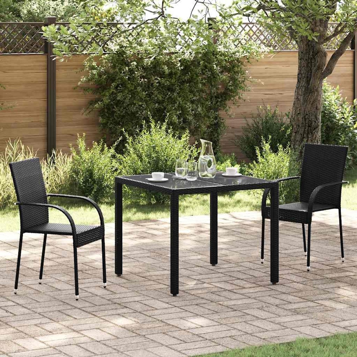 2 stuks polyrotan stapelstoelen, tuinstoelen, zwart, van waterdicht PE-rotan en stalen frame, licht, eenvoudige montage, maximaal 110 kg per zithoek