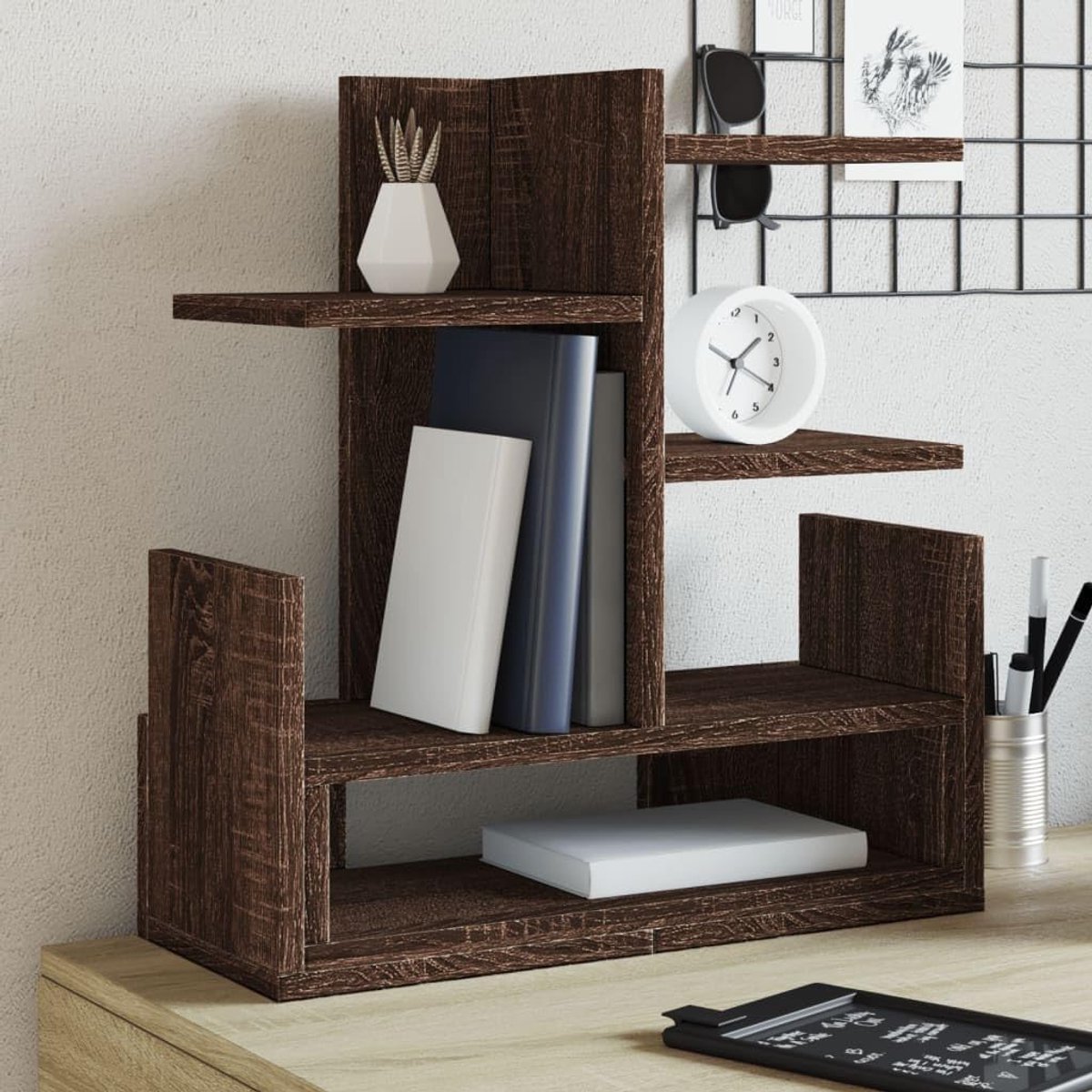 Bureau-organizer in eikenlook, kantoororganisatiesysteem van hout, rek met vakken voor documenten, boeken en kantoorbenodigdheden, 49 x 20 x 52,5 cm