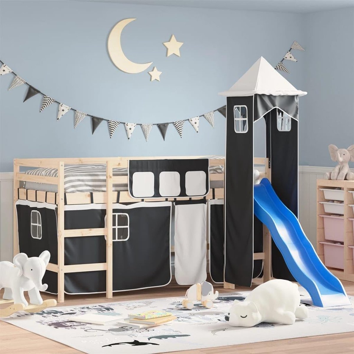 Gordijnset met toren voor hoogslaper, kinderkamer, speeltent, bekleding, zwart, wit, polyester