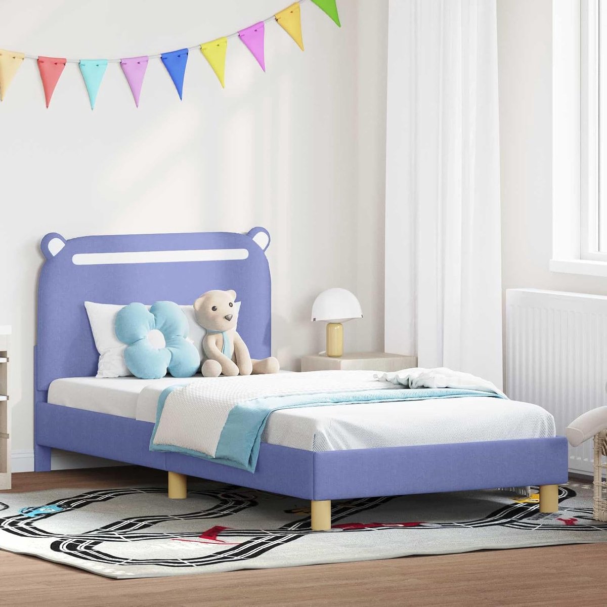 Stevig hout hoofdbord met opbergvakken moderne kinderkamerbed jeansblauw