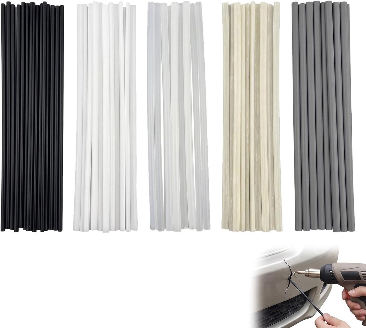 50 kunststof lasstaven, set met 5 materialen, ABS, PVC, PE, PP (wit/zwart), elektroden voor het repareren van bumpers - ShopVlot