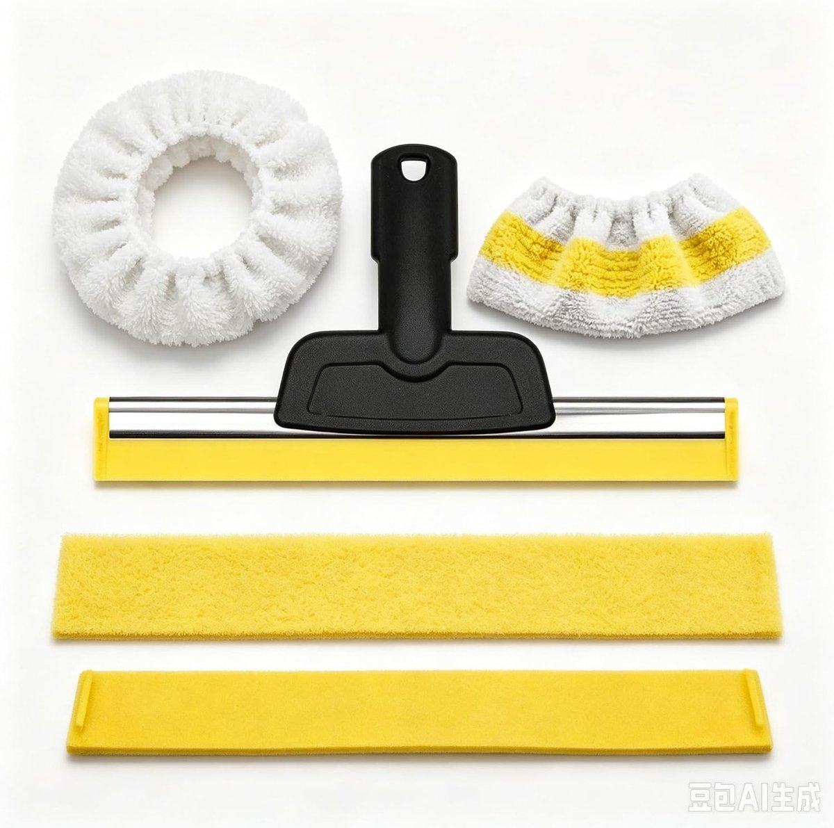 Accessoires voor stoomreiniger met raammondstuk, zuigblad en reinigingsdoek, ideaal voor streepvrije ramen en grondige reiniging van verschillende oppervlakken.