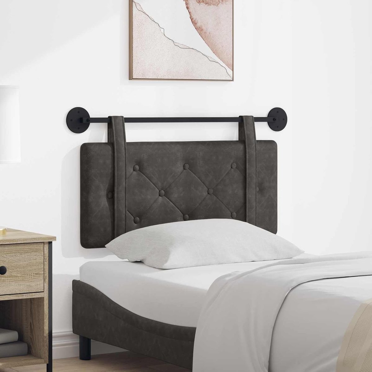 Hoofdsteun aan de muur gemonteerd zwart antiek PU met knooppatroon, rechthoekige hoofdsteun opknoping met spaanplaat en schuim, elegant hoofdeinde voor slaapkamer