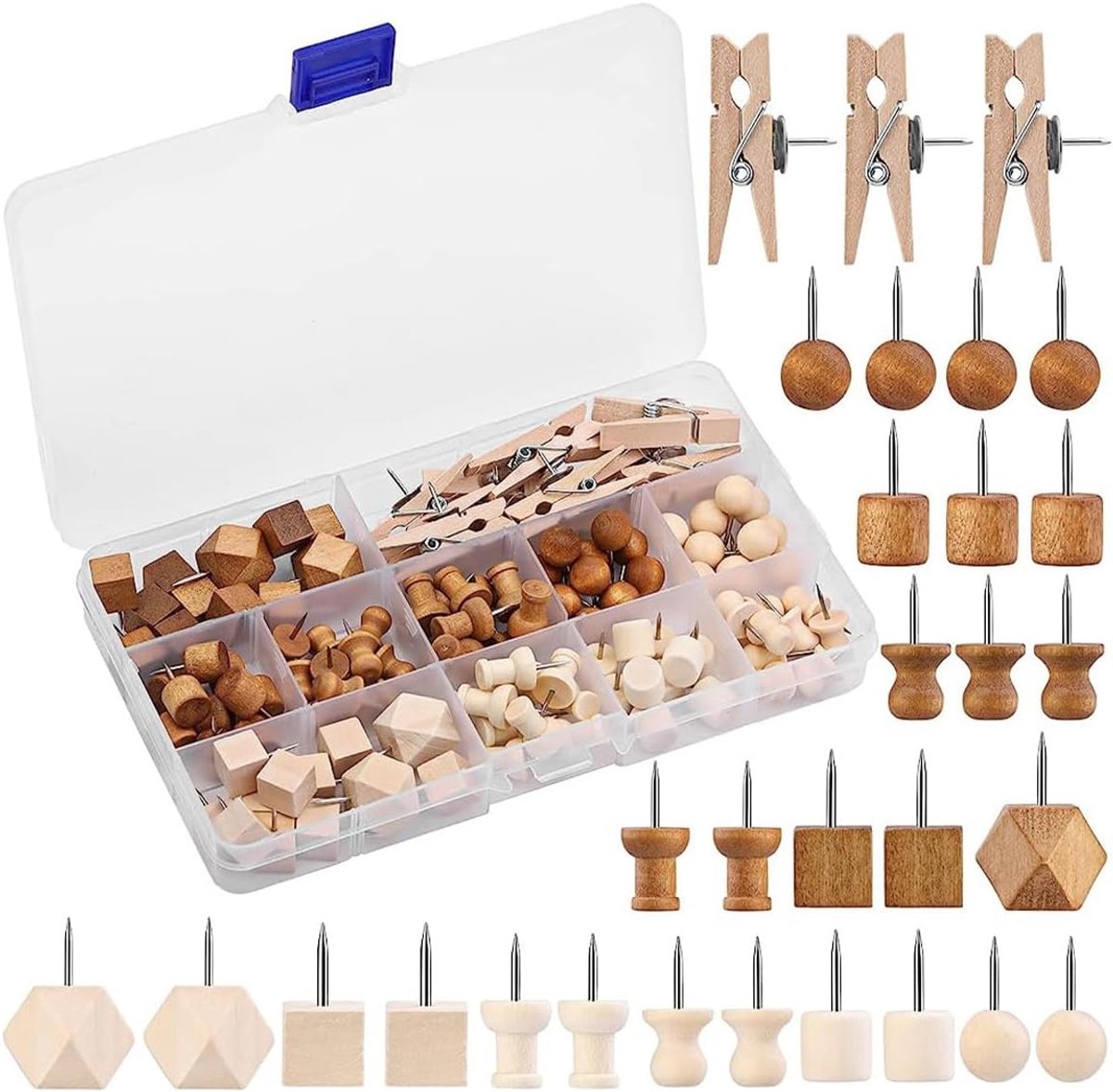 Houten duimspijkers set 114 stuks - Decoratieve houten punaises - Diverse stijlen en kleuren - Perfect voor prikborden - ShopVlot