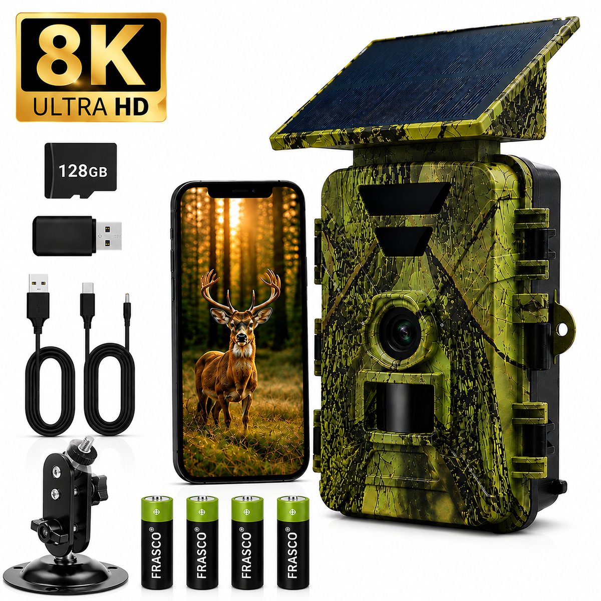 Frasco® Wildcamera met Zonnepaneel – 8K Ultra HD & 64MP – Wildcamera met Nachtzicht en WiFi – Waterdicht - 128GB SD Kaart – Wildcamera Voor Buiten - 5200mAh Batterij – Incl. Tripod
