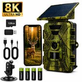 Frasco® Wildcamera met Zonnepaneel – 8K Ultra HD & 64MP – Wildcamera met Nachtzicht en WiFi – Waterdicht - 128GB SD Kaart – Wildcamera Voor Buiten - 5200mAh Batterij – Incl. Tripod