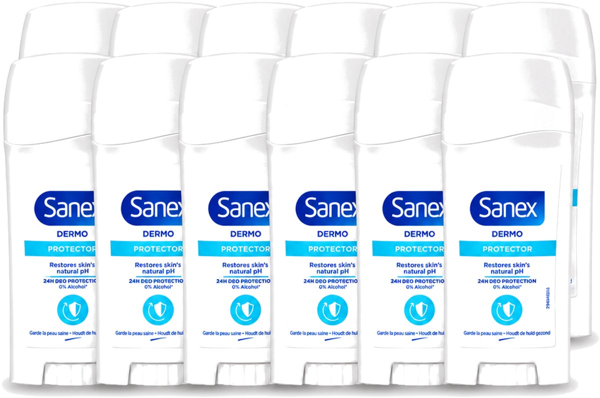 12 x Sanex - Deodorant Stick - Dermo Protector - Huidvriendelijke Formule - 65 ml - Voordeelverpakking - 12 stuks