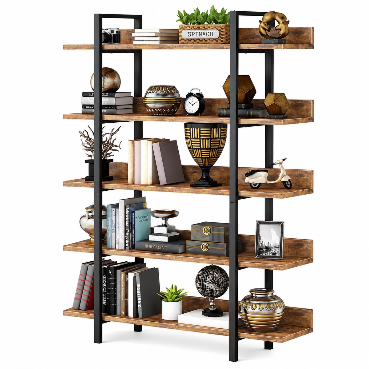Nyoz boekenplank - Boekenkast - Boekenrek - 5 laags - 180 cm hoog - 30 kg per plank - Metalen frame - Industrieel - 105 cm breed