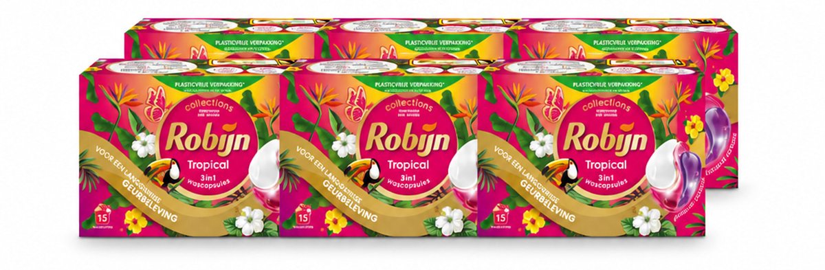 6 x Robijn - 3-in-1 Tropical - Wascapsules - 15 Wasbeurten - Voordeelverpakking - 6 stuks