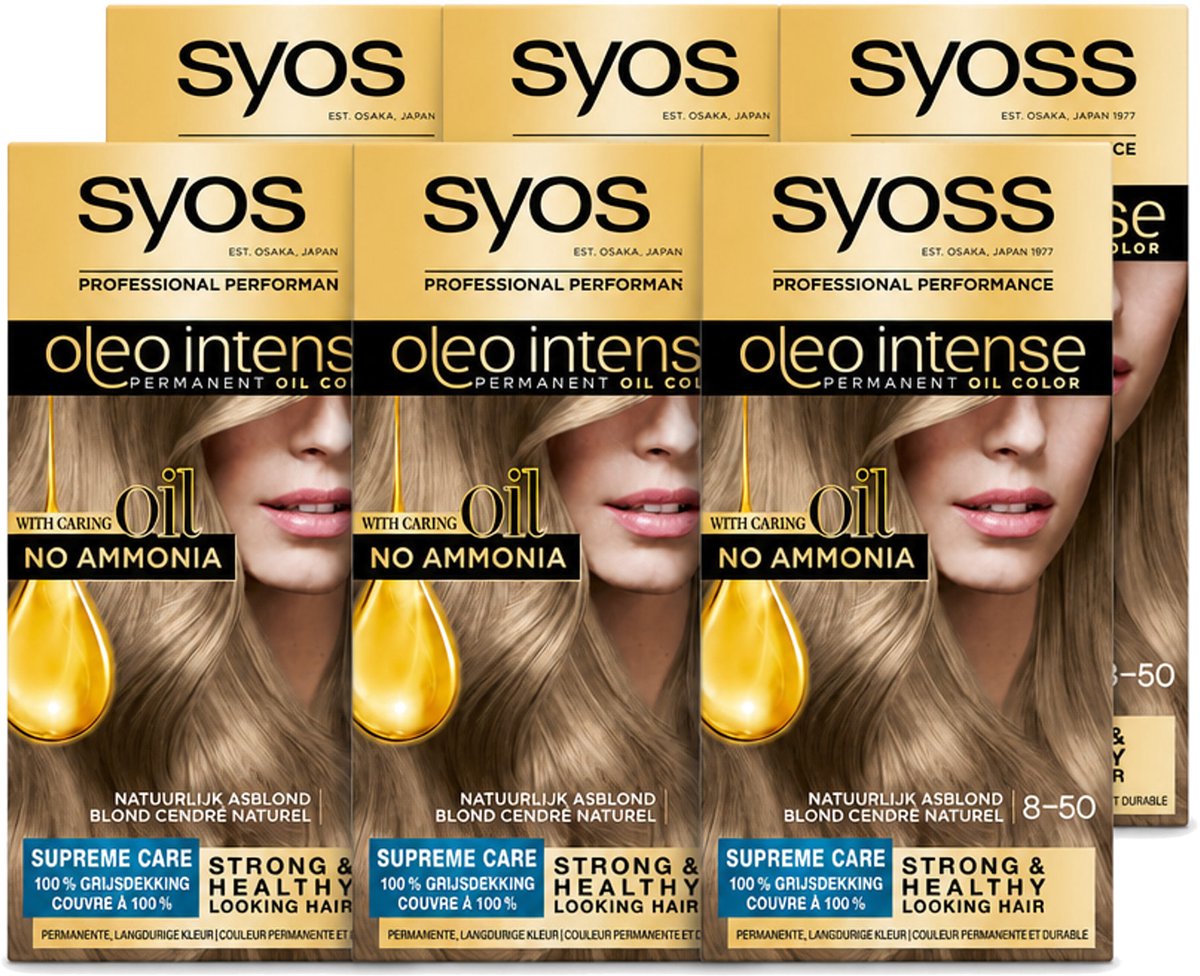 6 x SYOSS - Oleo Intense 8-50 - Haarverf - Permanente Haarkleuring - Natuurlijk Asblond - Langdurige Kleur - Voordeelverpakking - 6 stuks