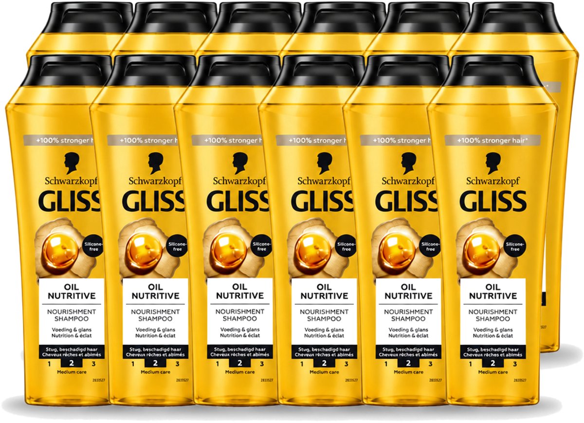 12 x Gliss - Shampoo - Oil Nutritive - Voor Voedend en Zijdezacht Haar - 250 ml - Voordeelverpakking - 12 stuks